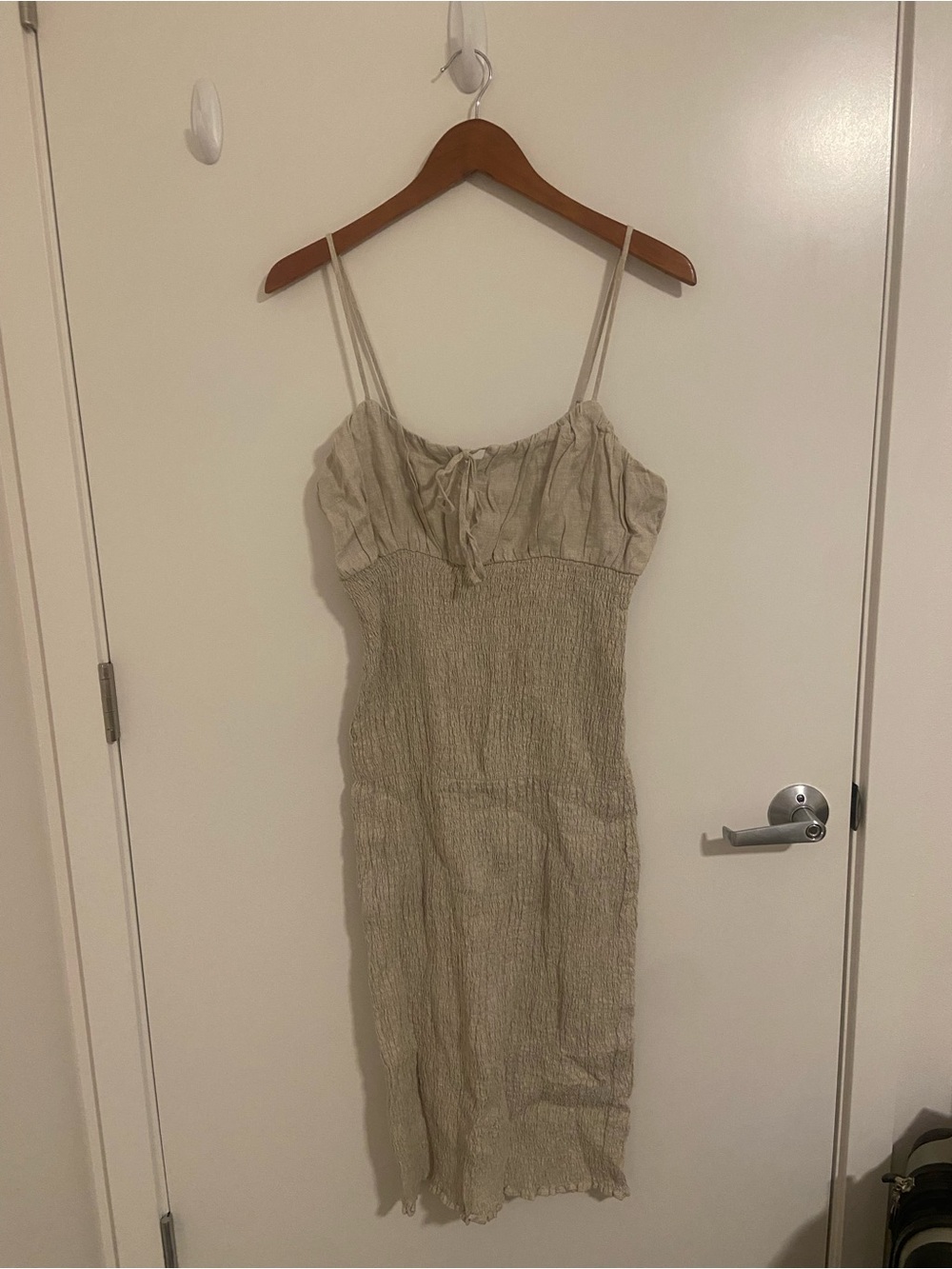 J. Crew Neutral Beige Linen Smocked Midi Dress